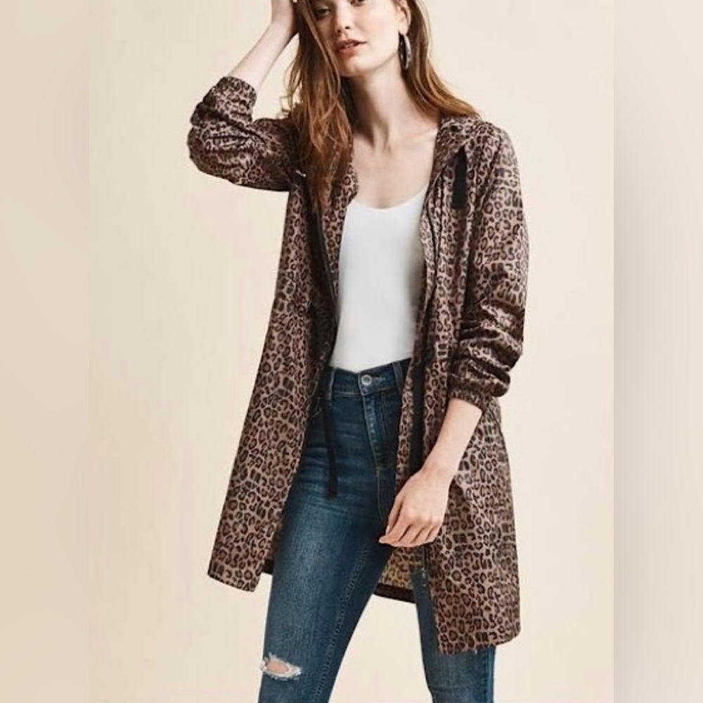 Dynamite Trench Windbraker Coat Jacket Long Cheetah Print Waist Ties SZ  Small